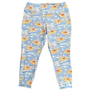 Crown & Ivy Size XXL Blue Seaside Print Waist Pocket Poly-Spandex Leggings
